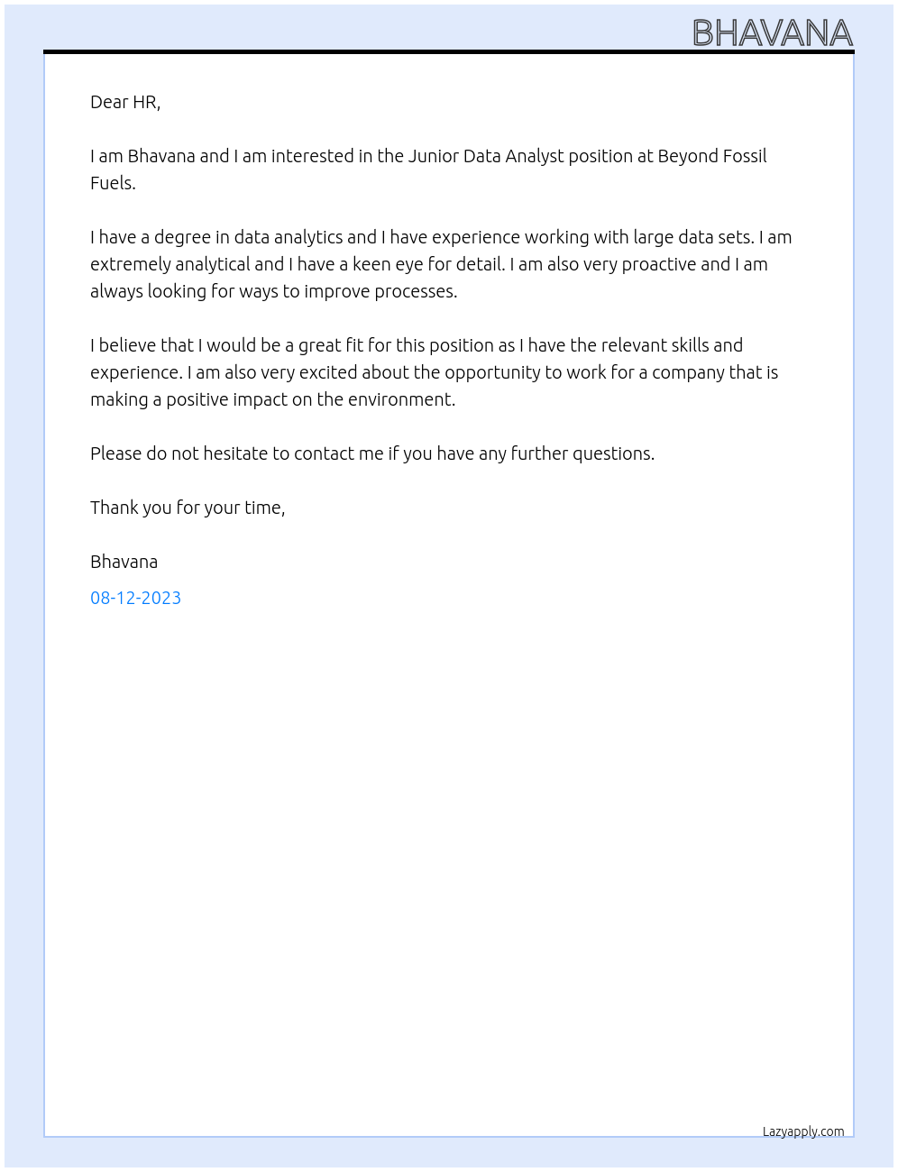 Junior Data Analyst At Beyond Fossil Fuels Cover Letter