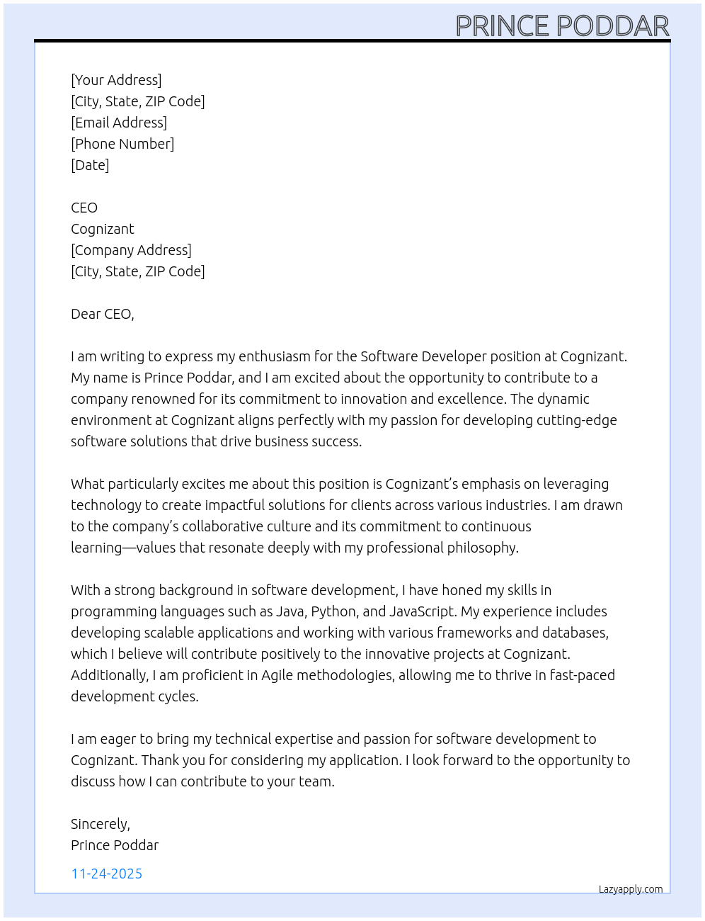 Software developer At Congnizant Cover Letter