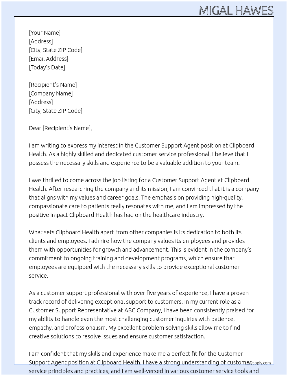 Customer support agent At Clipboard Health Cover Letter