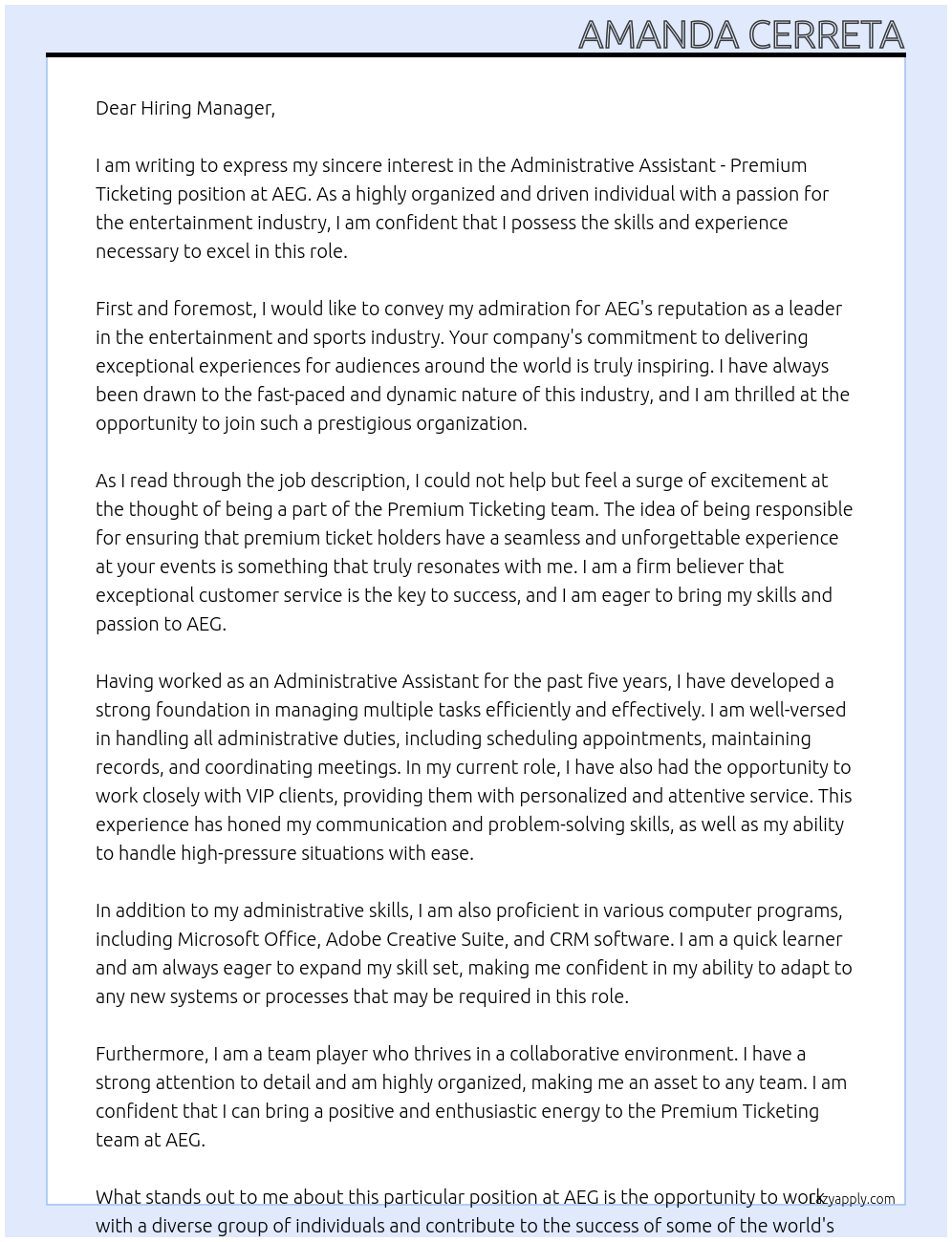 Administrative Assistant - Premium Ticketing At AEG Cover Letter