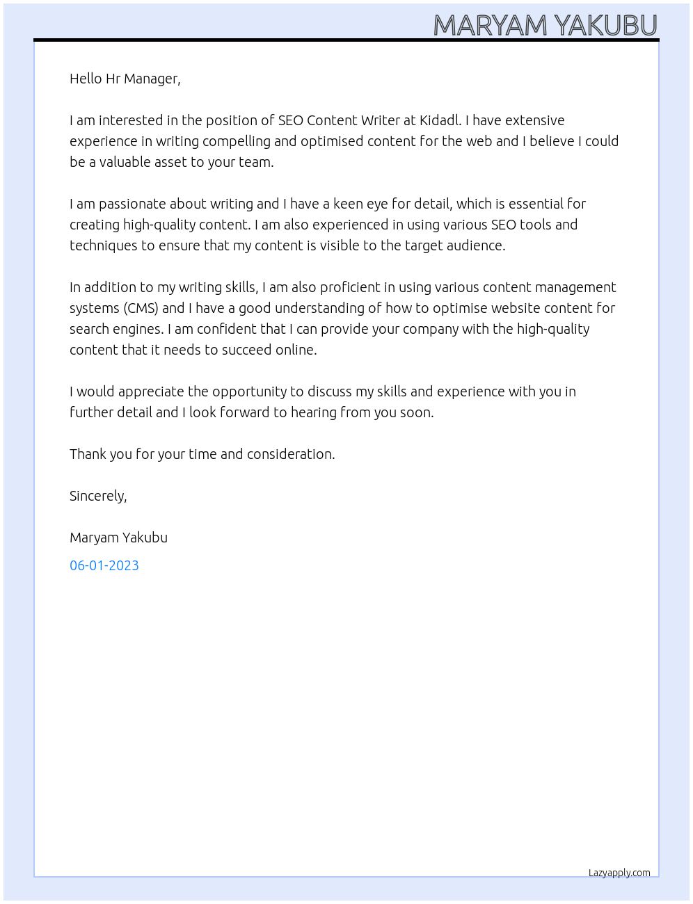 SEO Content Writer At Kidadl Cover Letter