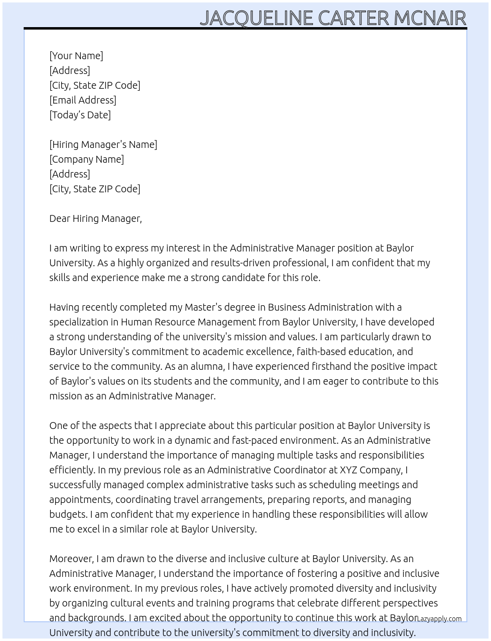 Administrative Manager At Baylor University Cover Letter