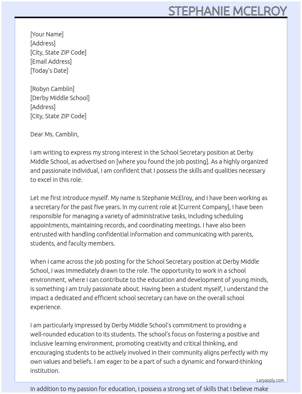 School Secretary At Derby Middle School Cover Letter