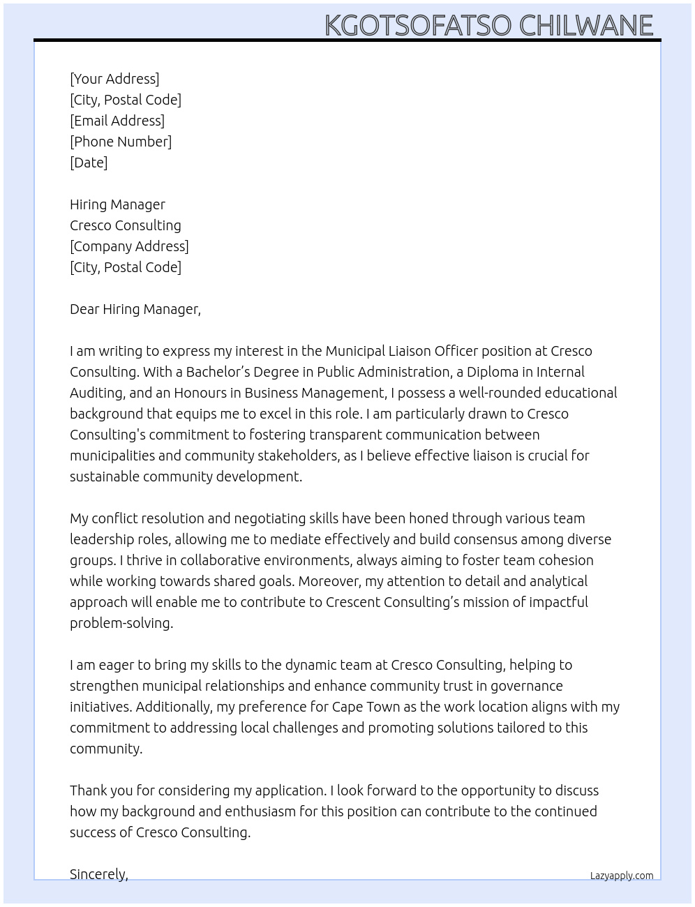 Cover letter for municipal liaison officer - LazyApply