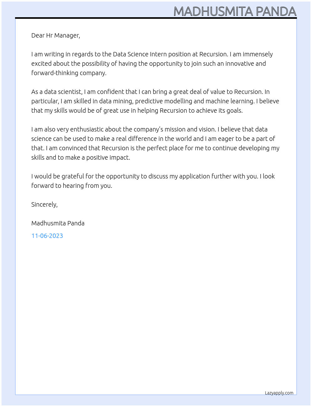Data Science Intern At Recursion Cover Letter