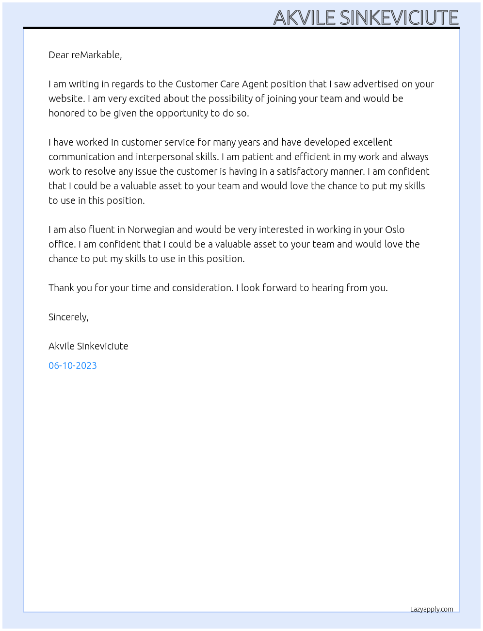 Customer Care Agent At reMarkable Cover Letter