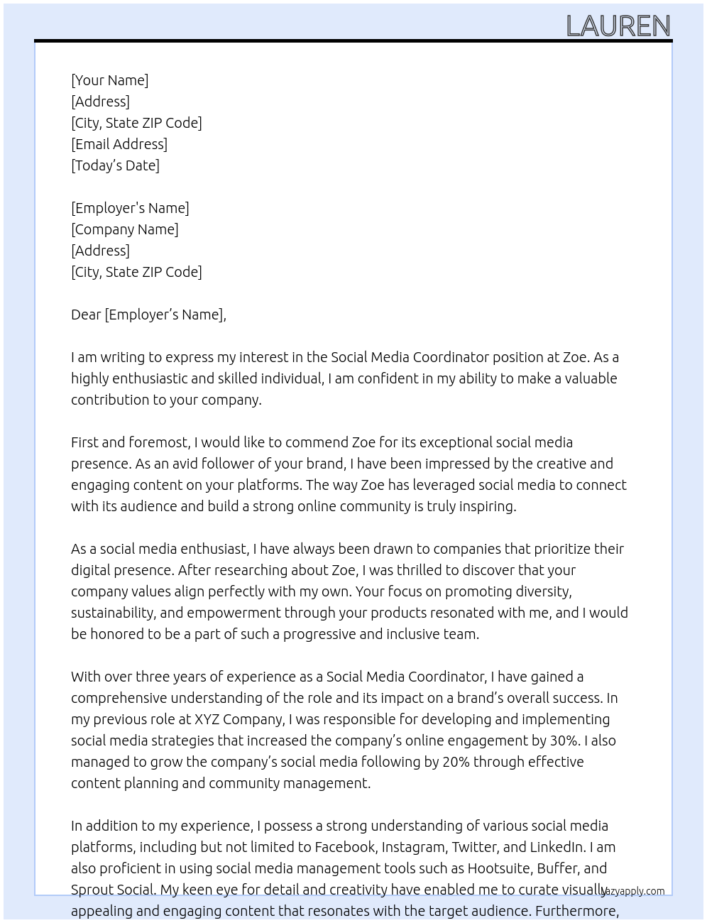 social media coordinator At Zoe Cover Letter