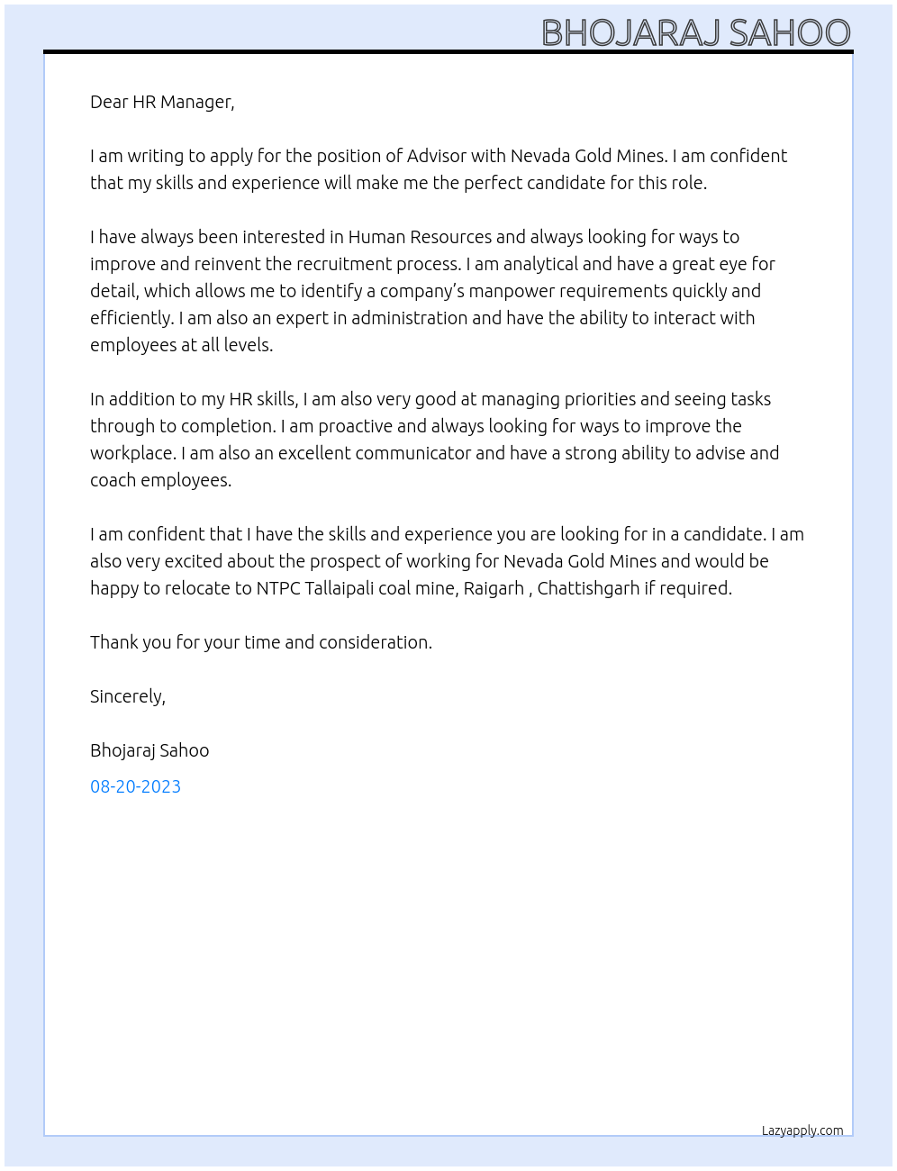 Advisor At Nevada Gold Mines Cover Letter