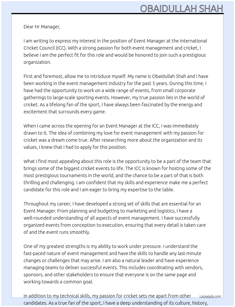 Event Manager At International Cricket Council (ICC) Cover Letter