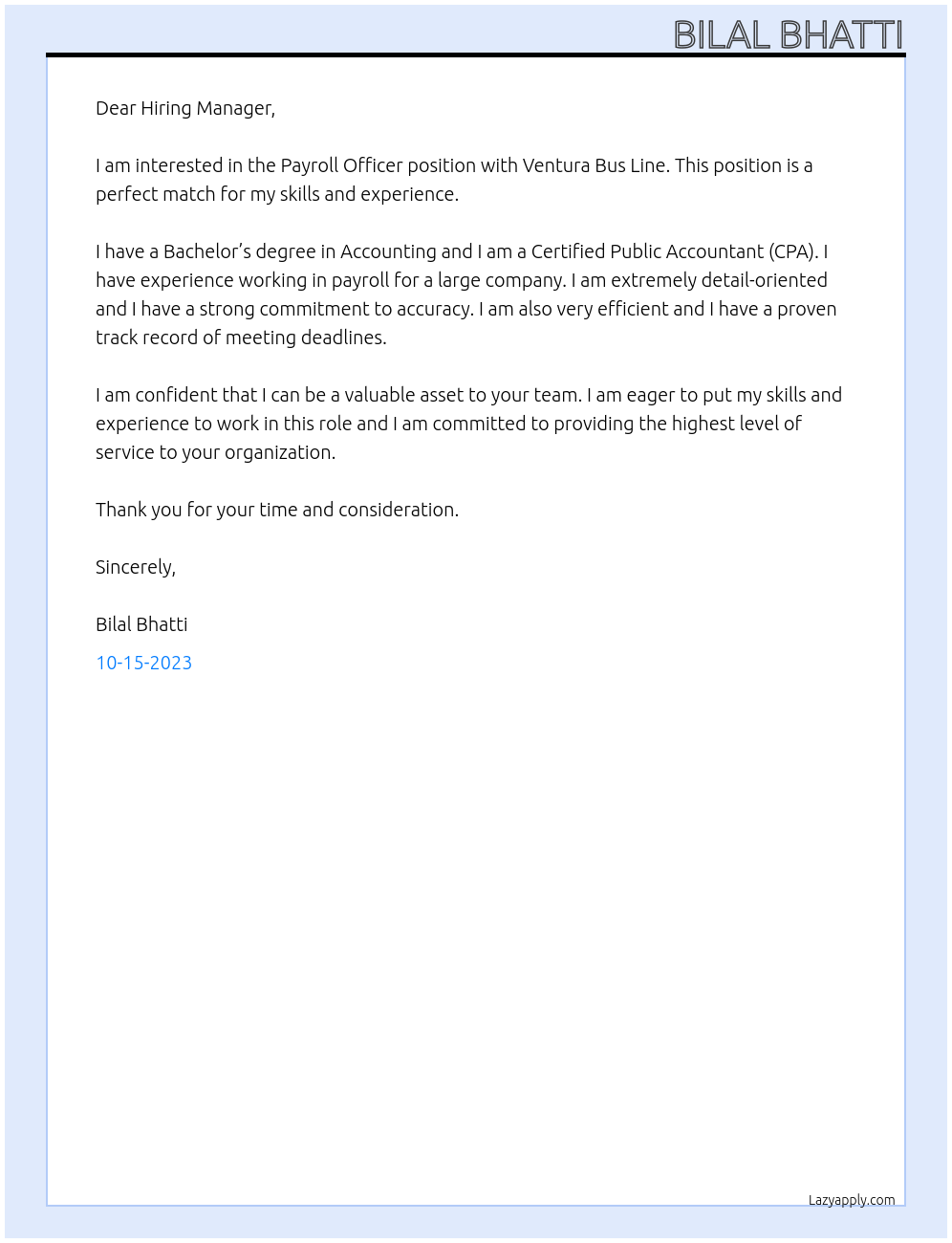 Payroll officer At Ventura Bus line Cover Letter