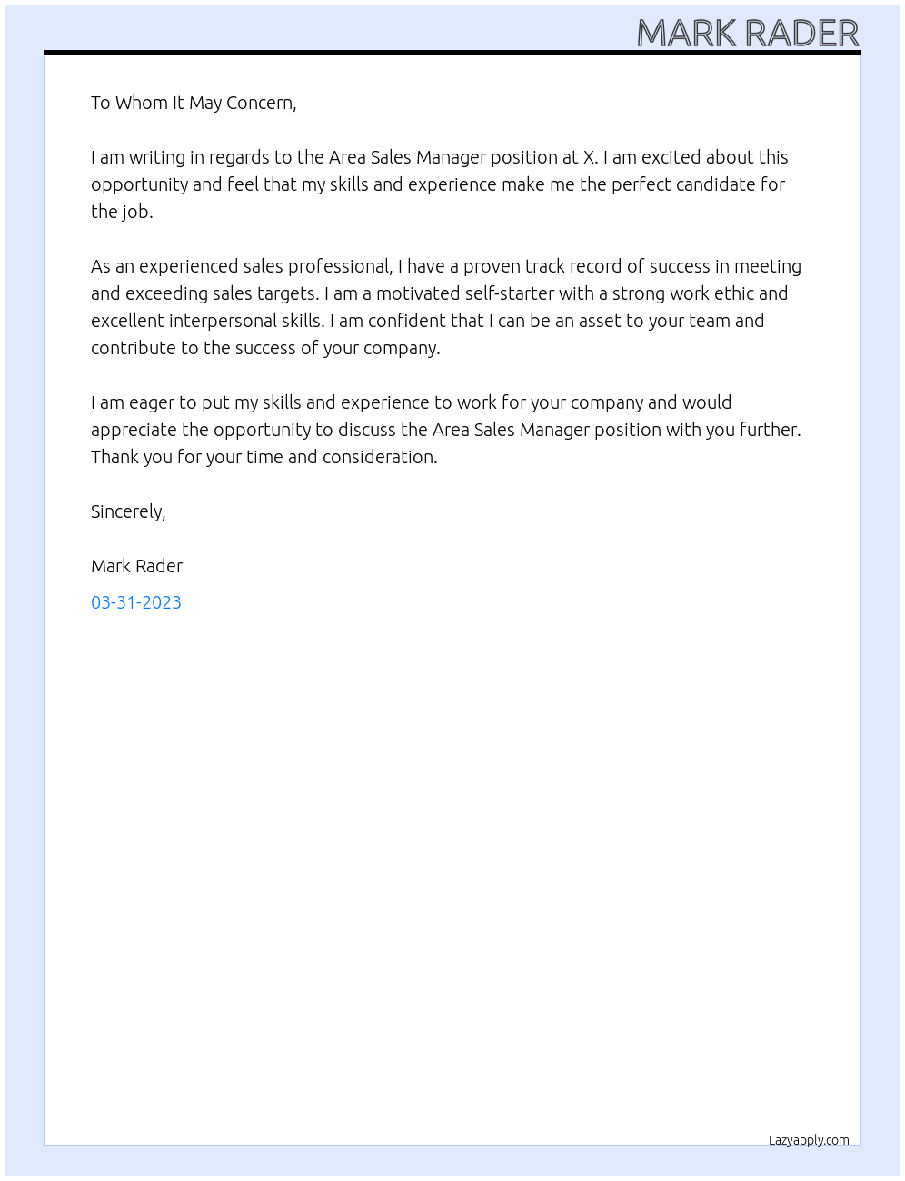 Area sales manager At X Cover Letter