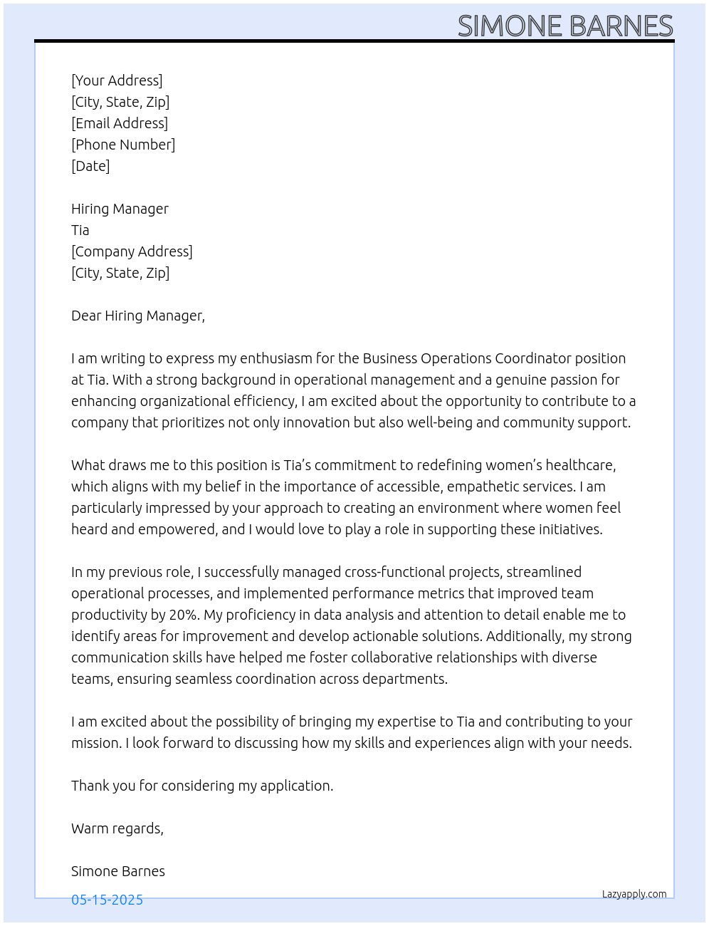 Business Operations Coordinator At Tia Cover Letter