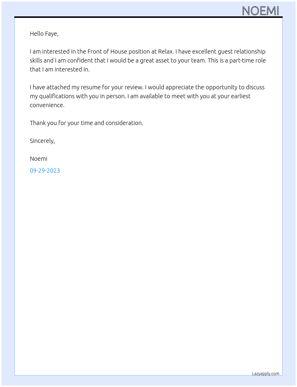 Front of house At Relax Cover Letter