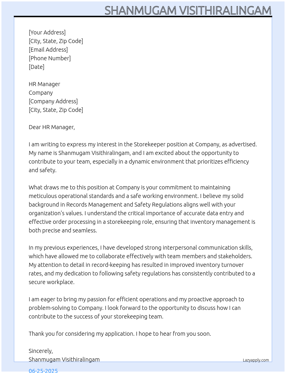 Storekeeper At Company Cover Letter