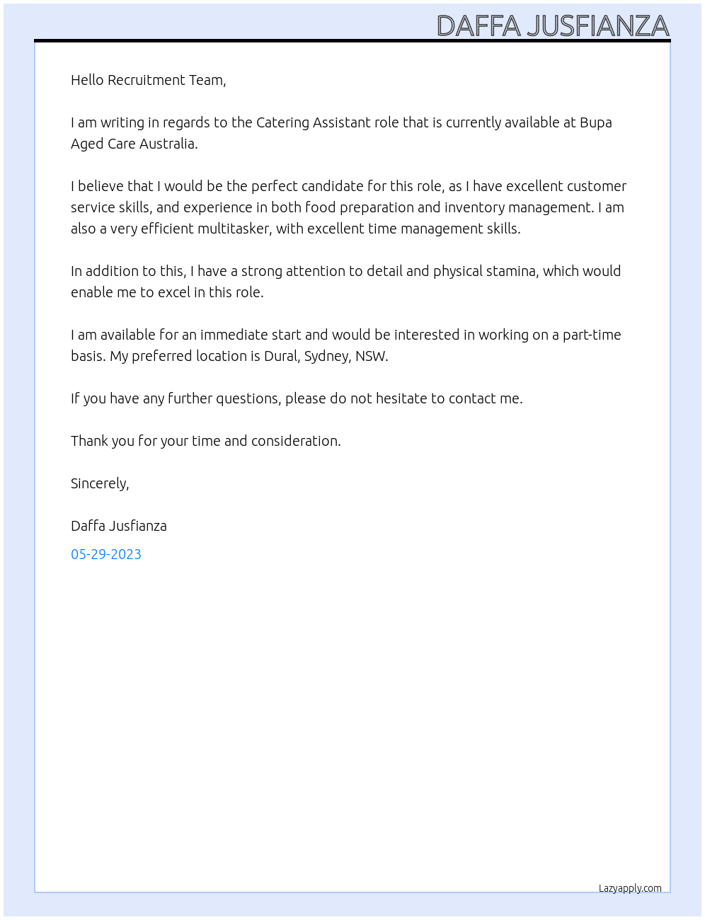 Catering Assistant At Bupa Aged Care Australia Cover Letter