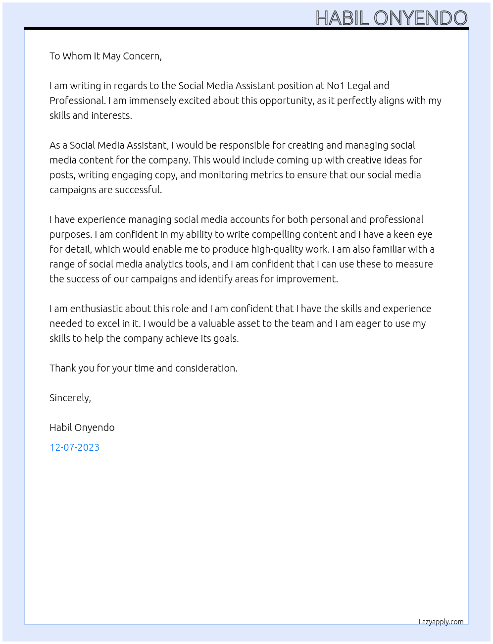 Social Media Assistant At No1 Legal and Professional Cover Letter