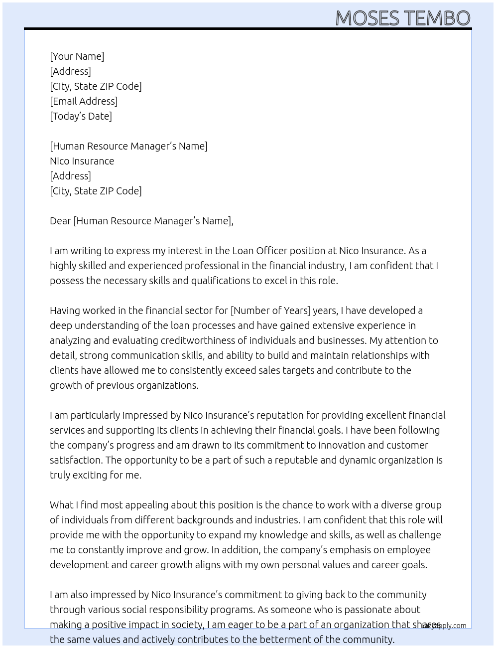 Loan officer At Nico Insurance Cover Letter