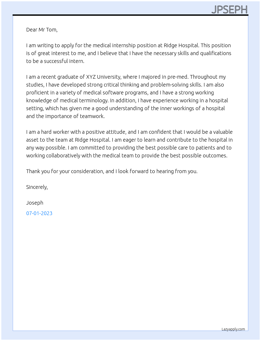 Medical internship  At Ridge hosptal Cover Letter