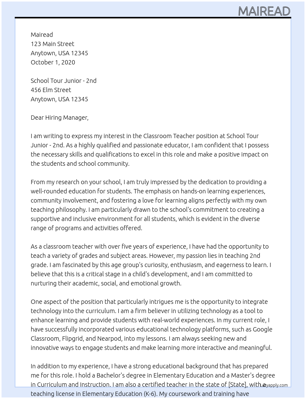 Classroom Teacher  At School Tour Junior - 2nd  Cover Letter