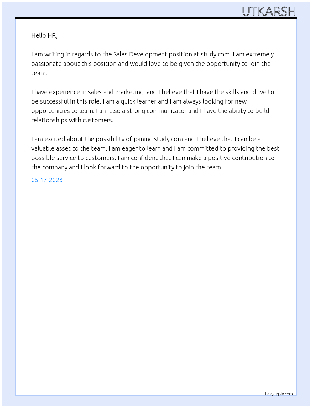 Sales Development At study.com Cover Letter