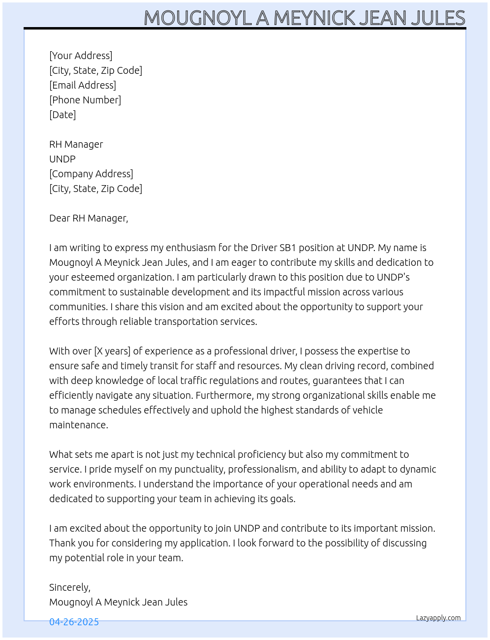 Cover letter for driver sb1 - LazyApply