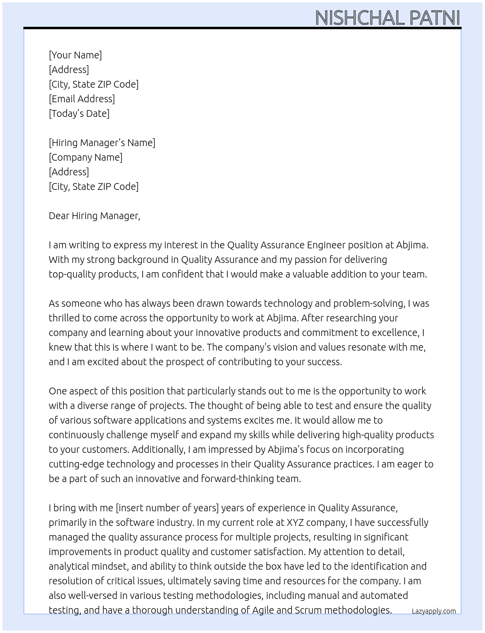 Quality Assurance Engineer At Abjima Cover Letter