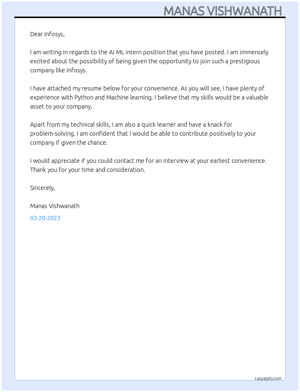 AI ML intern At Infosys Cover Letter