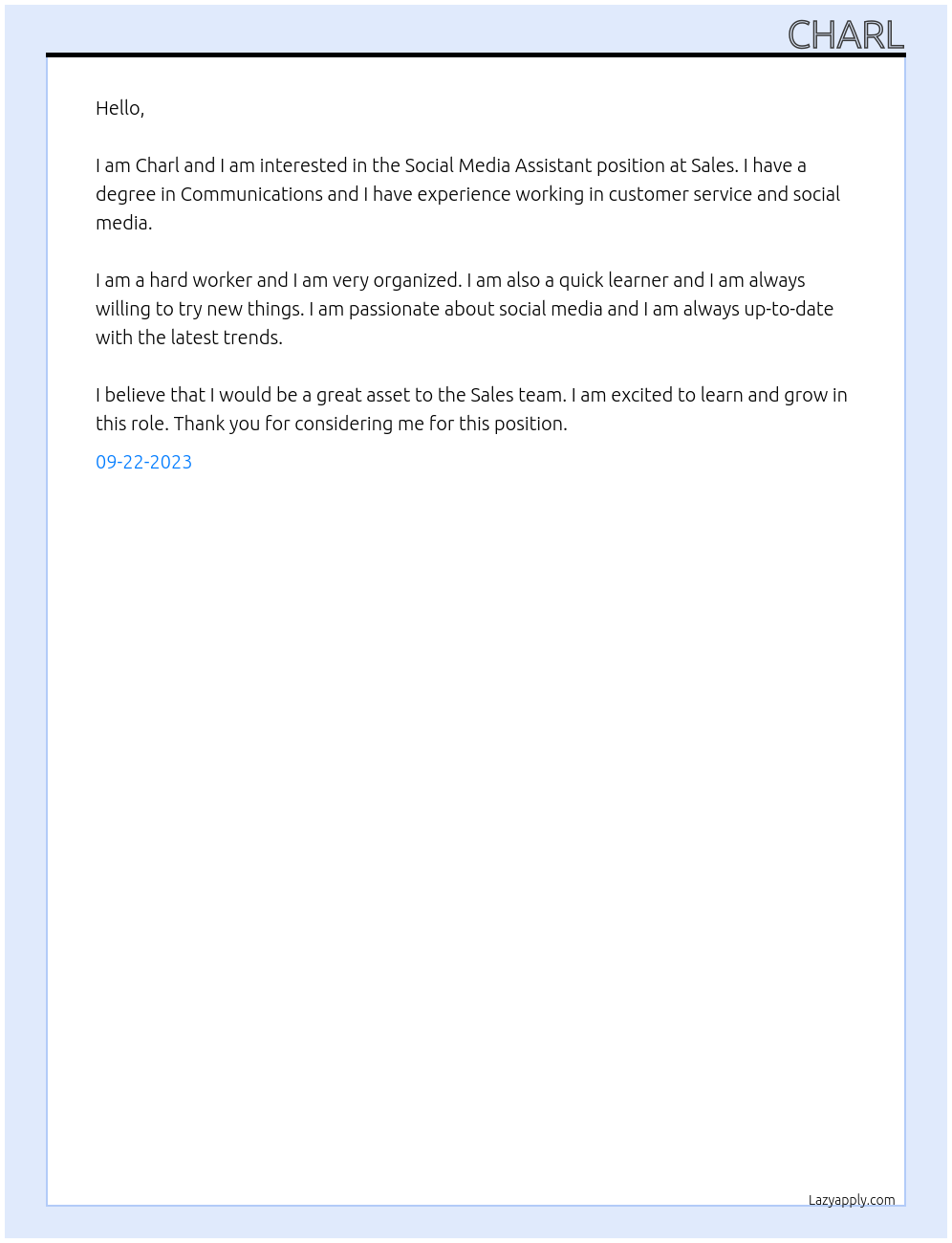 social media assistant At sales Cover Letter