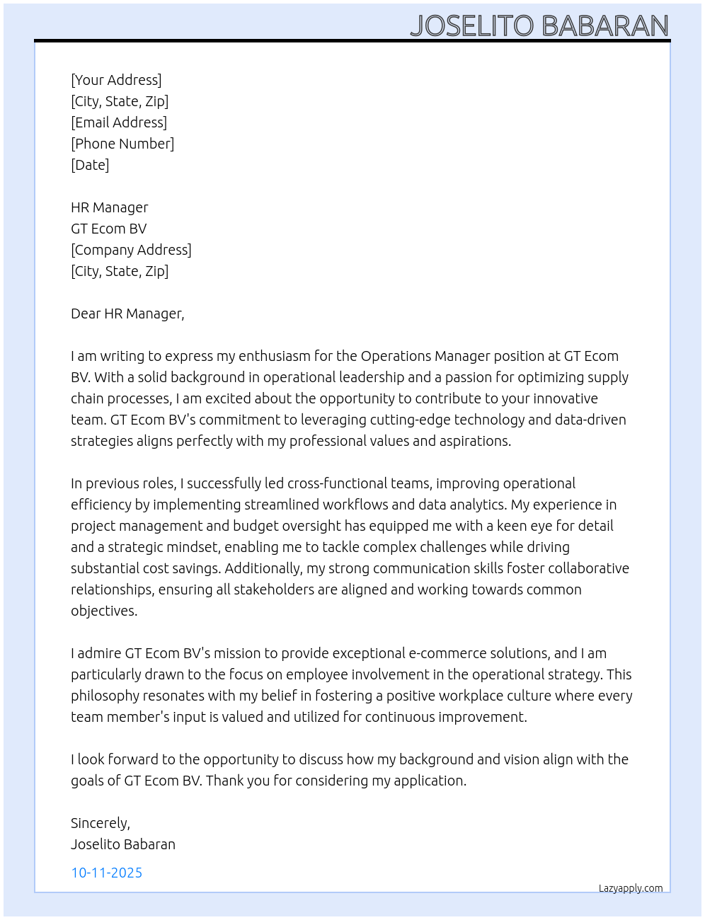 Operations Manager At GT Ecom BV Cover Letter