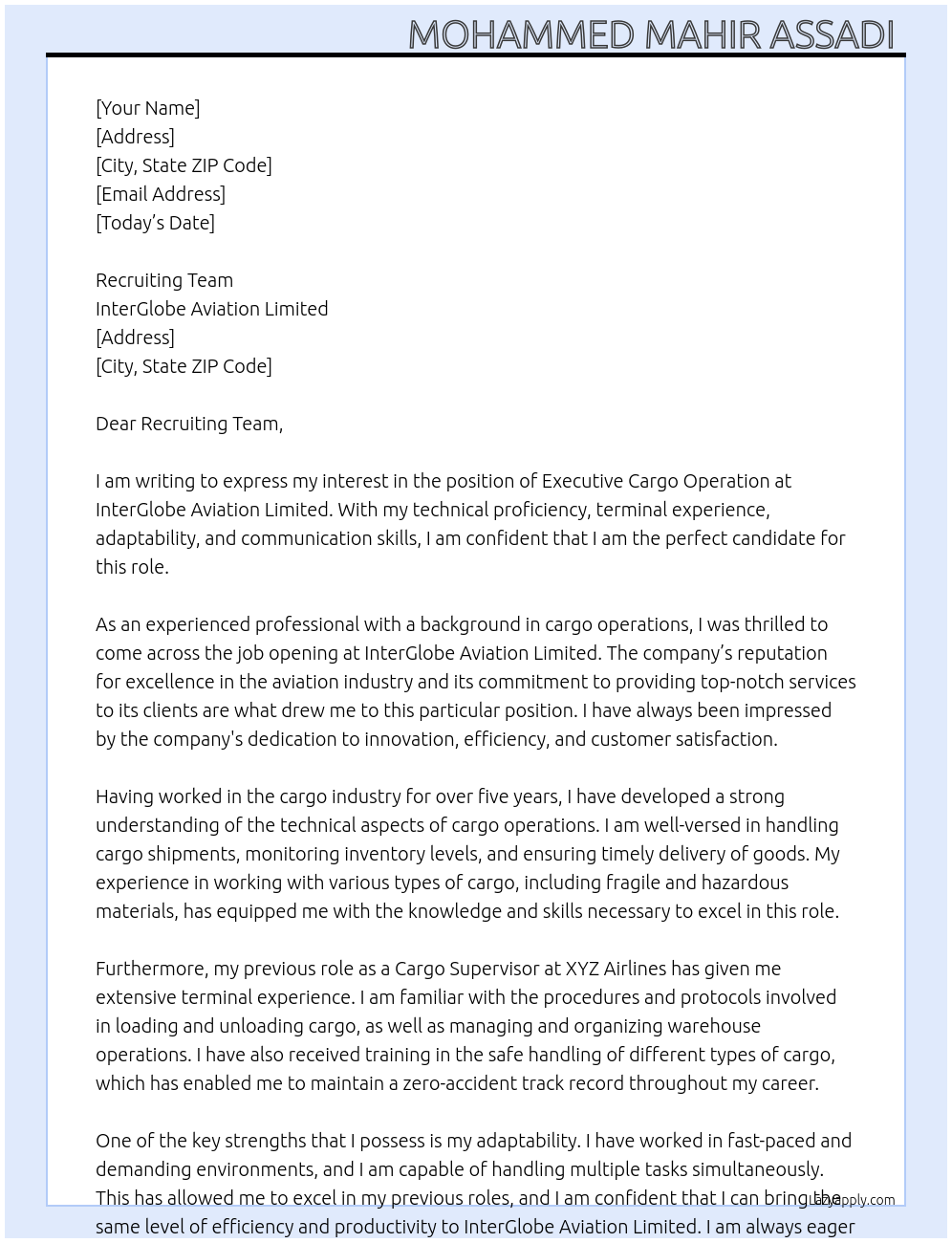 Executive Cargo Operation At InterGlobe Aviation Limited Cover Letter
