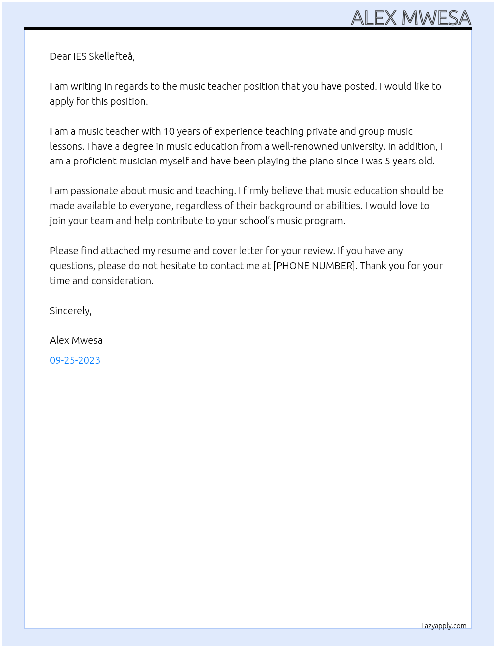 MUSIC TEACHER At IES Skellefteå Cover Letter