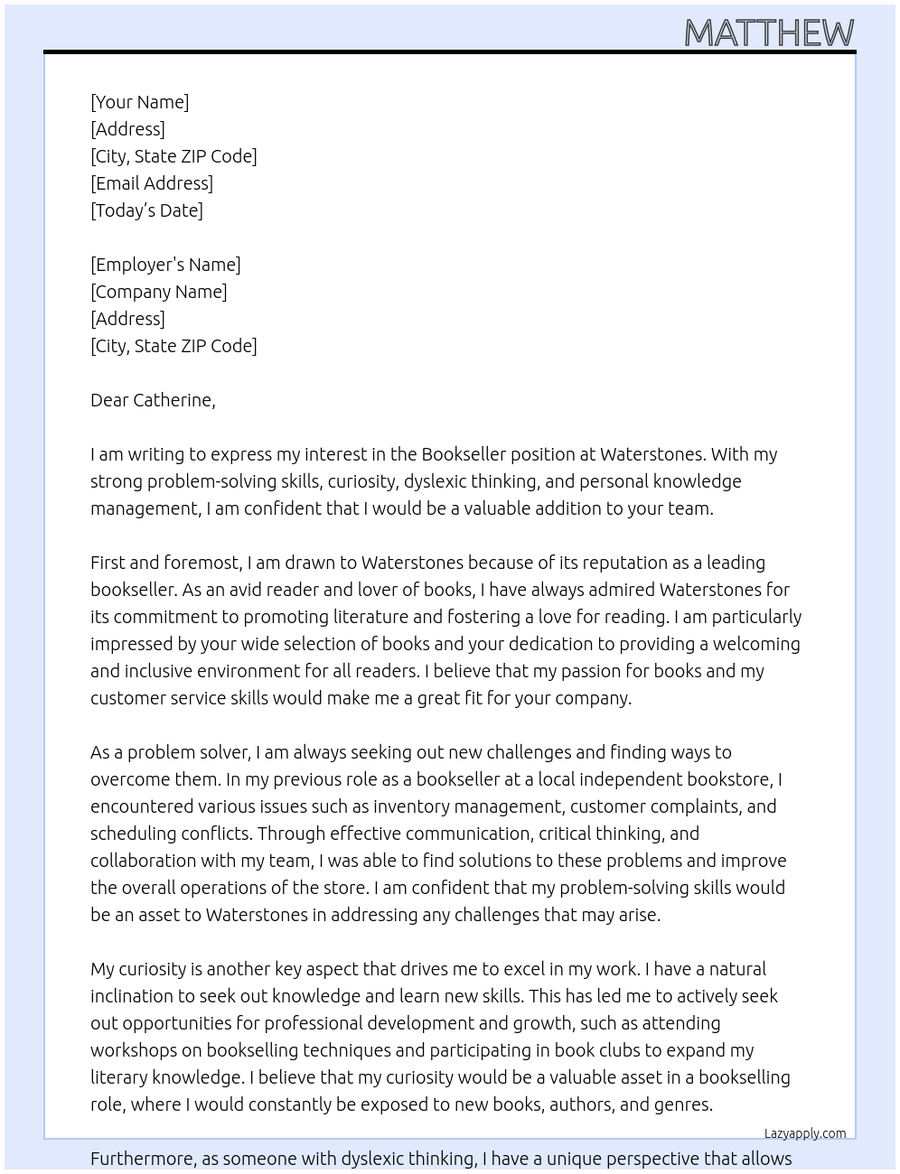 bookseller At Waterstones Cover Letter