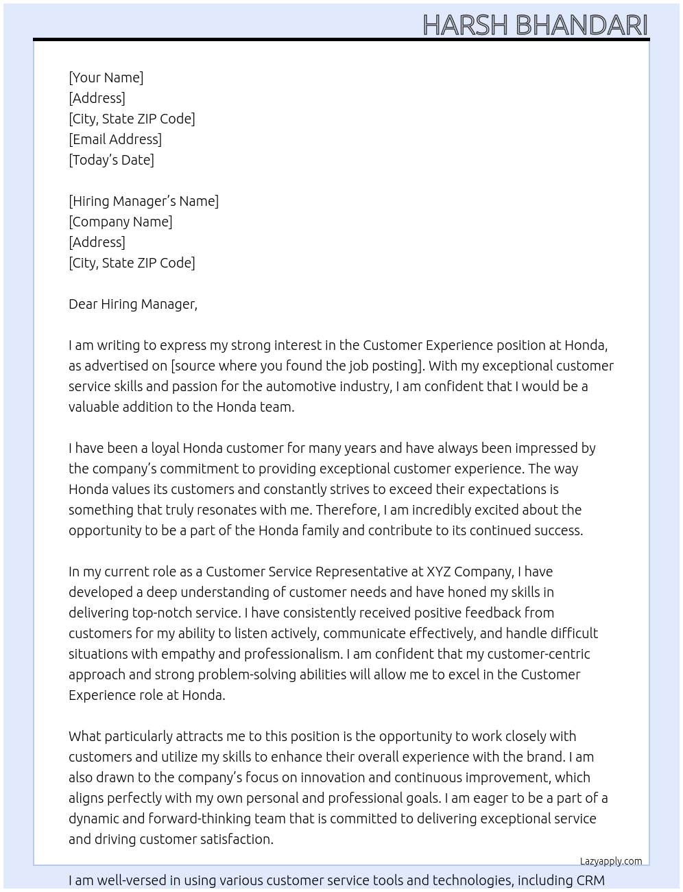 Customer Experience At Honda Cover Letter