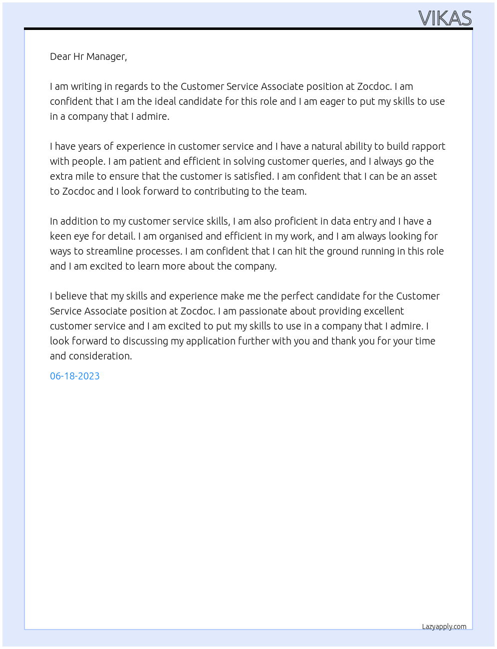 Customer Service Associate At Zocdoc Cover Letter