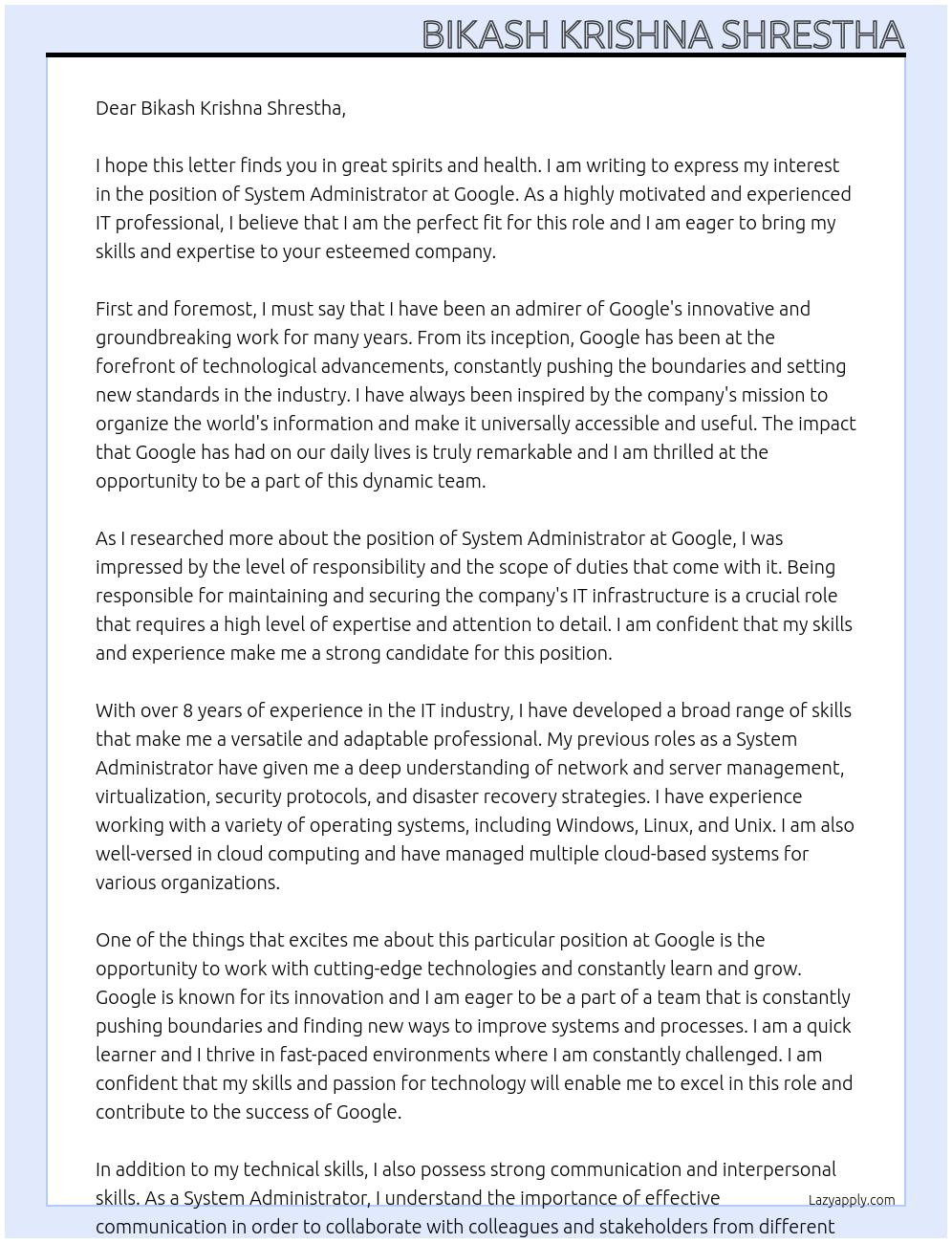 system administrator At google Cover Letter