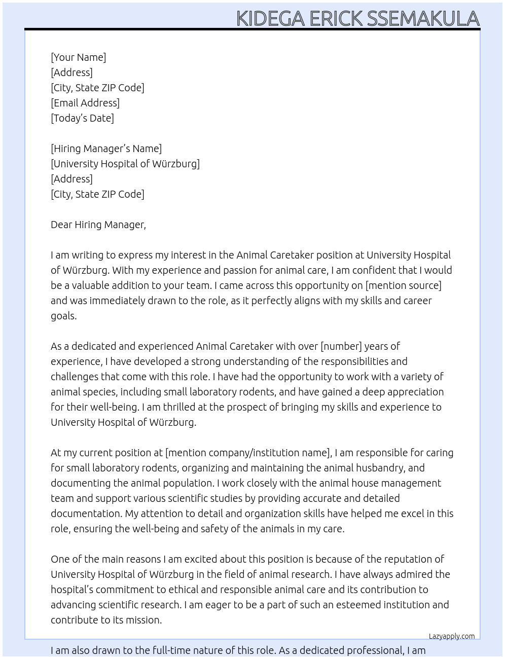 Animal caretaker At University Hospital of Würzburg Cover Letter