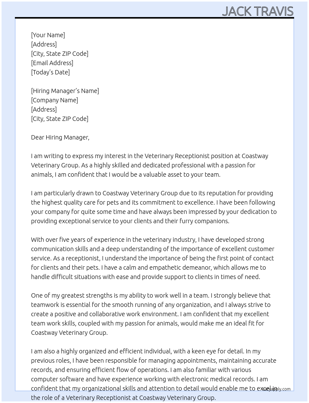 Veterinary Receptionist At Coastway veterinary Group Cover Letter