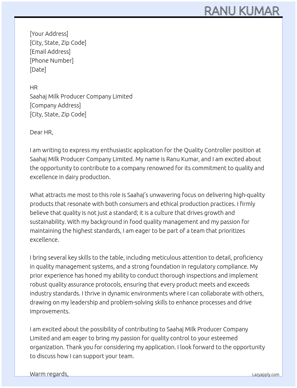 Cover letter for quality controller - LazyApply