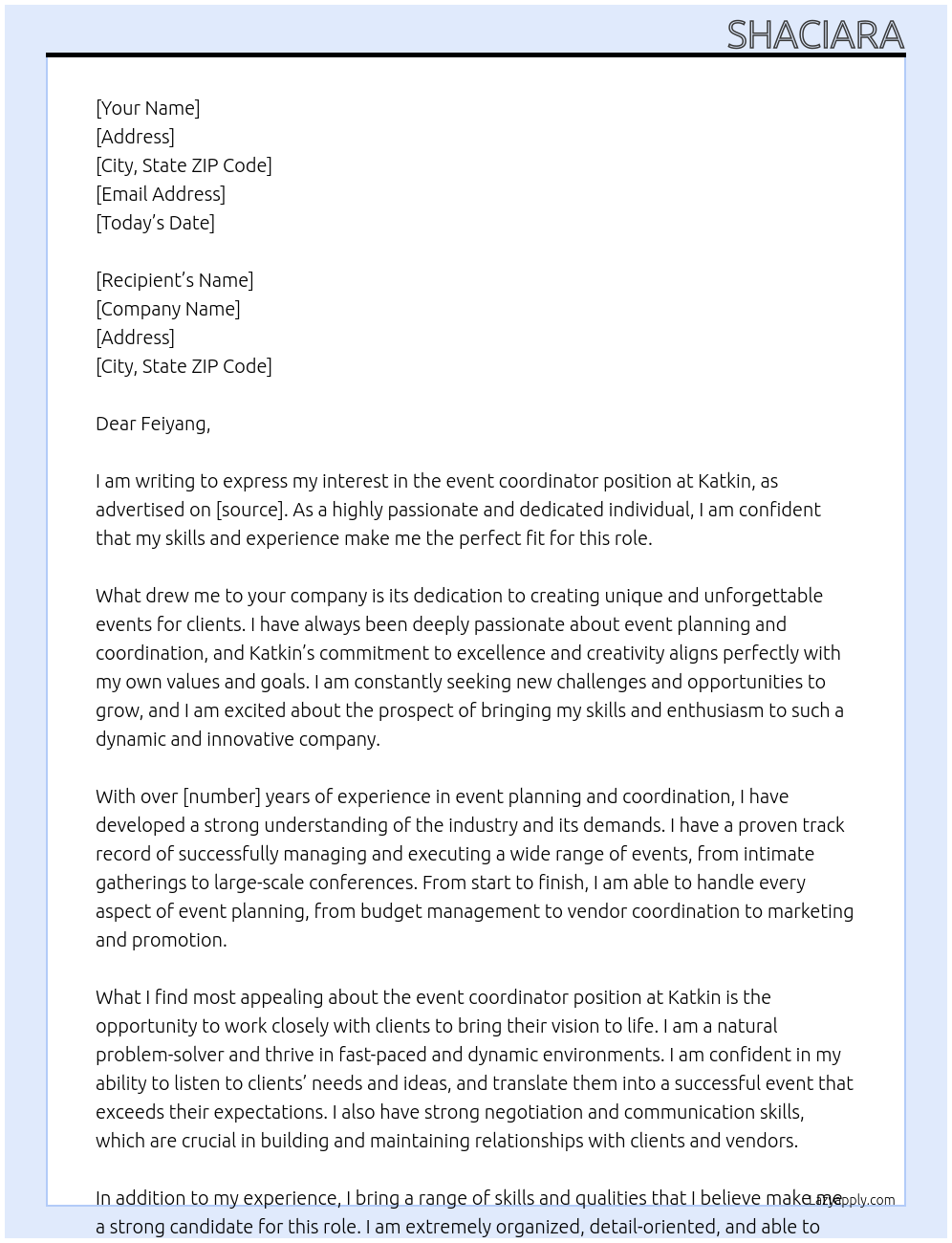 event coordinator At katkin Cover Letter