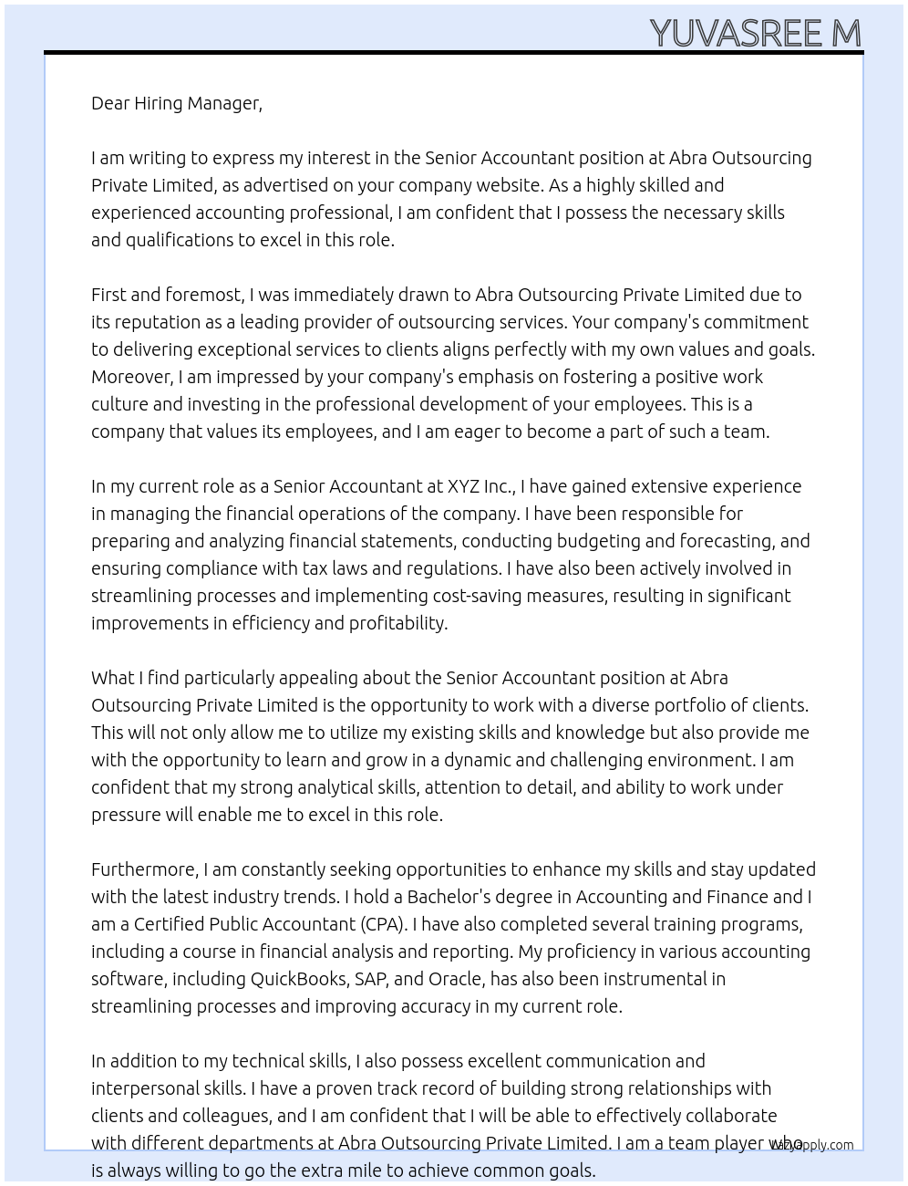 Senior Accountant At Abra Outsourcing Private Limited Cover Letter