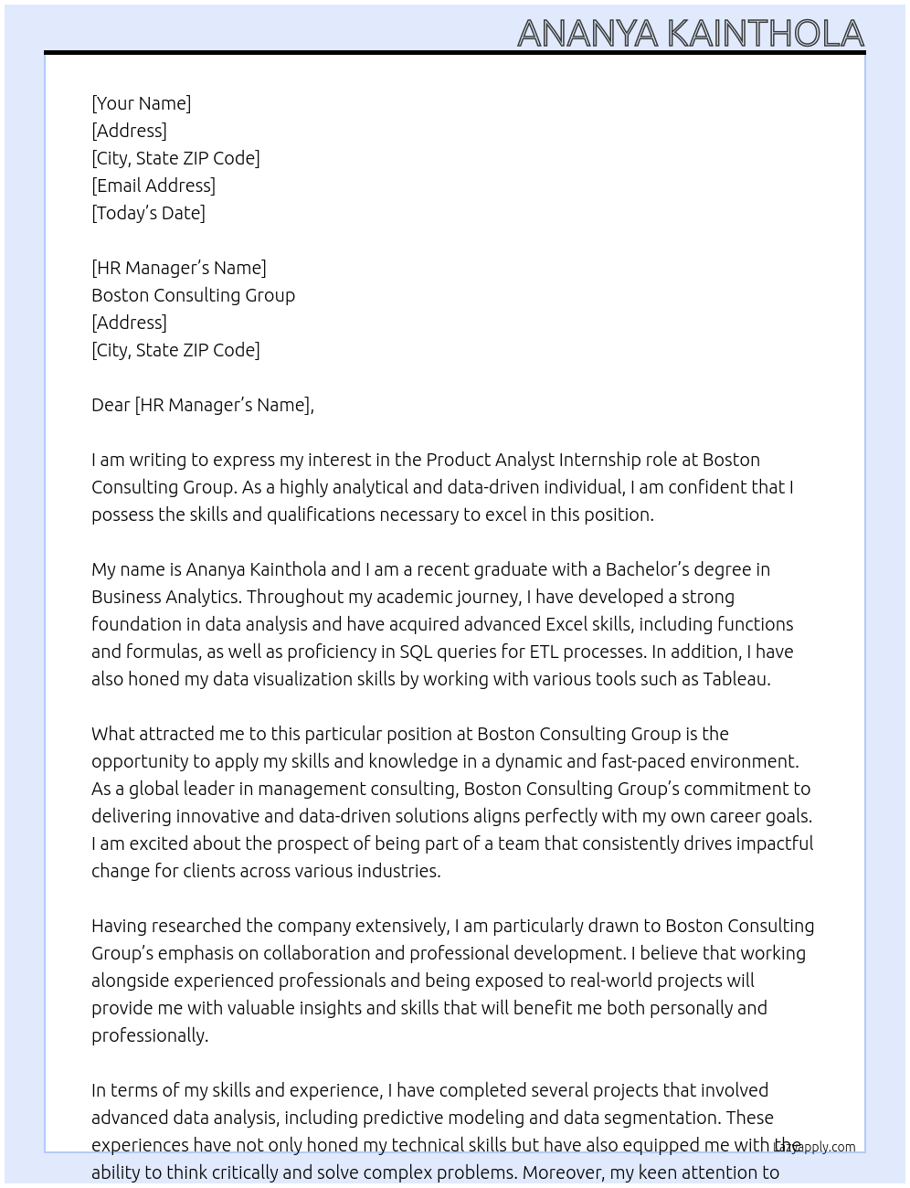 Product Analyst At Boston Consulting Group Cover Letter