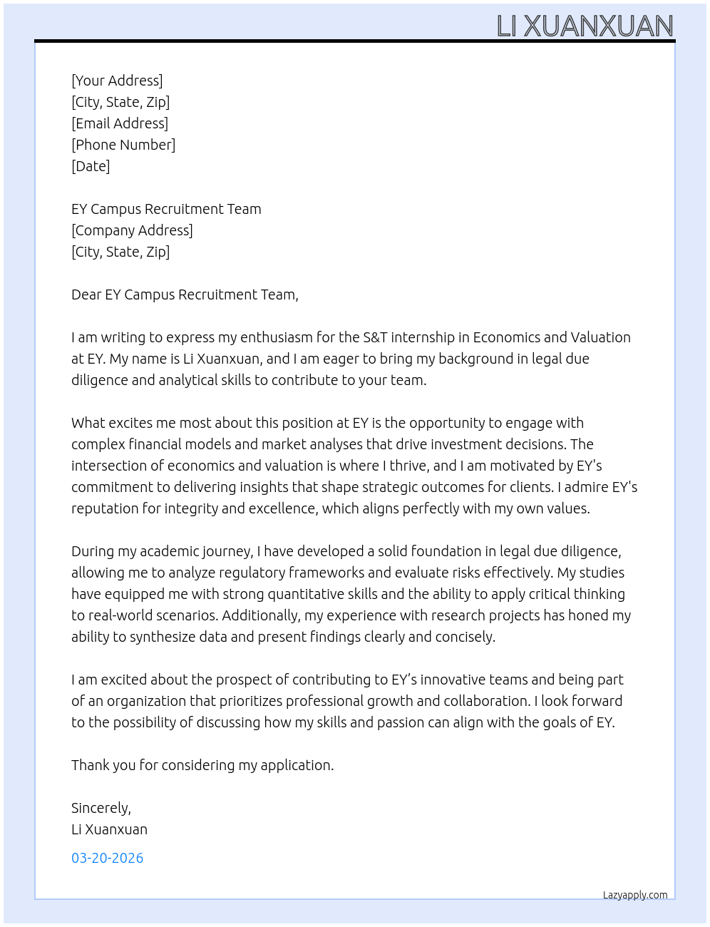 S&T internship (Economics and Valuation) At EY Cover Letter