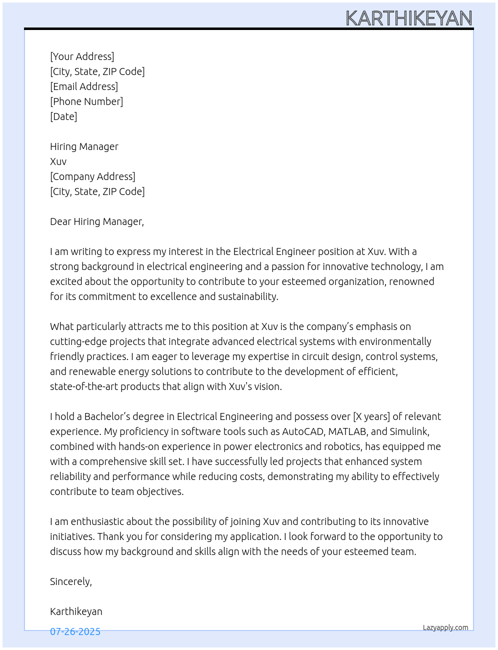 Electrical Engineer At Xuv Cover Letter