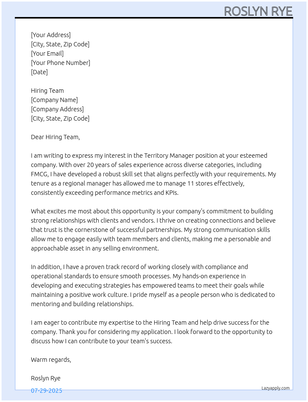 Territory manager At Hiring team Cover Letter