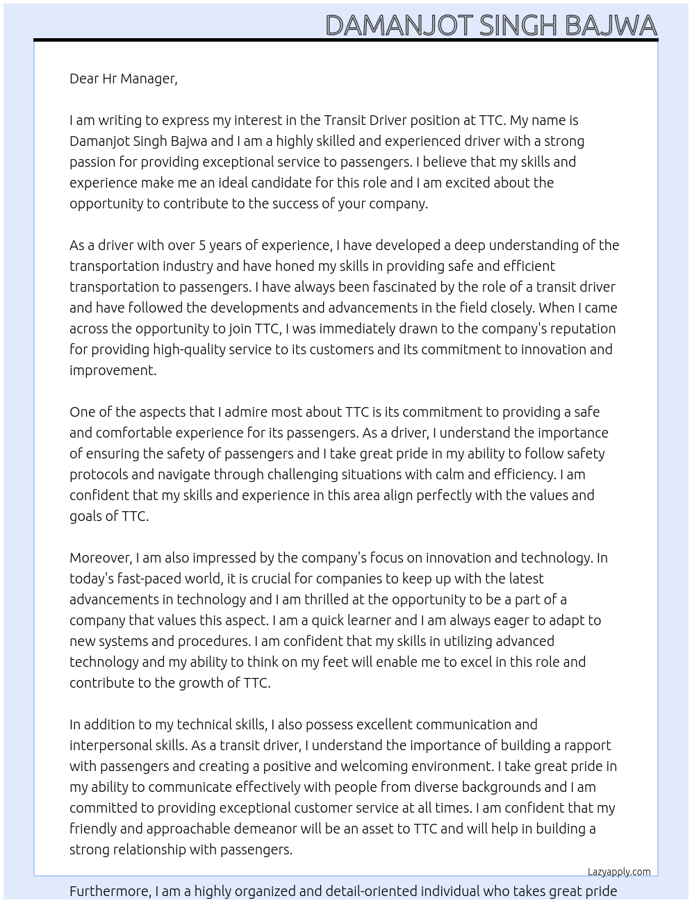 Transit driver At TTC Cover Letter