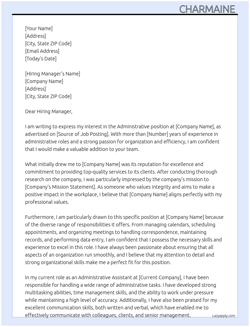 Administrative  At H Cover Letter