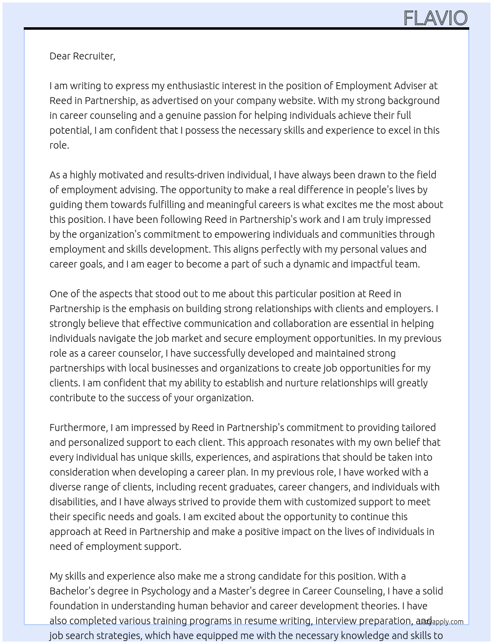 Employment Adviser At Reed in Partnership Cover Letter