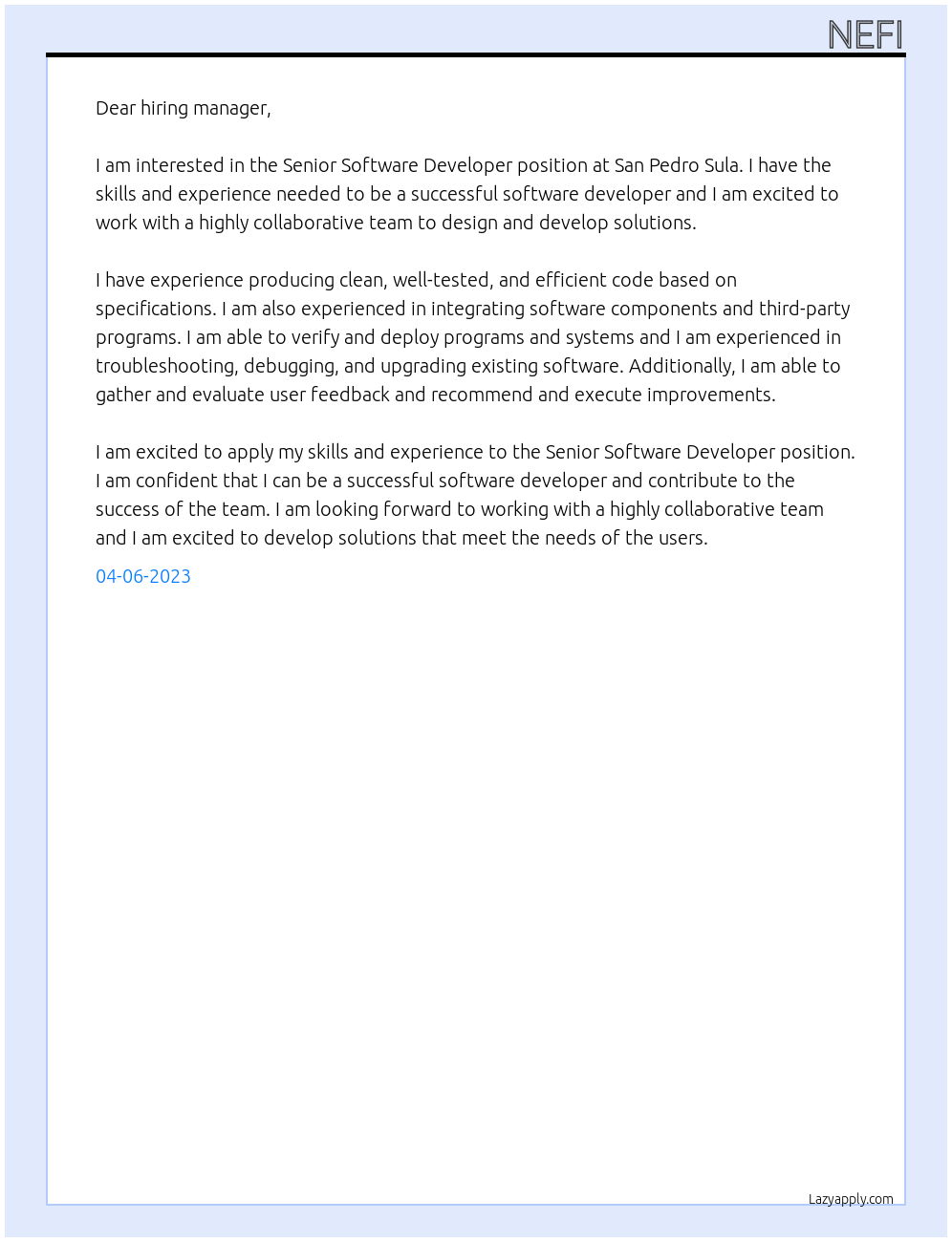 Senior Software Developer At San Pedro Sula, Cortés Department, Honduras Cover Letter