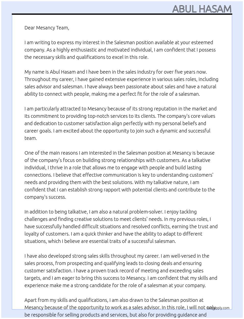 Salesman At Mesancy Cover Letter