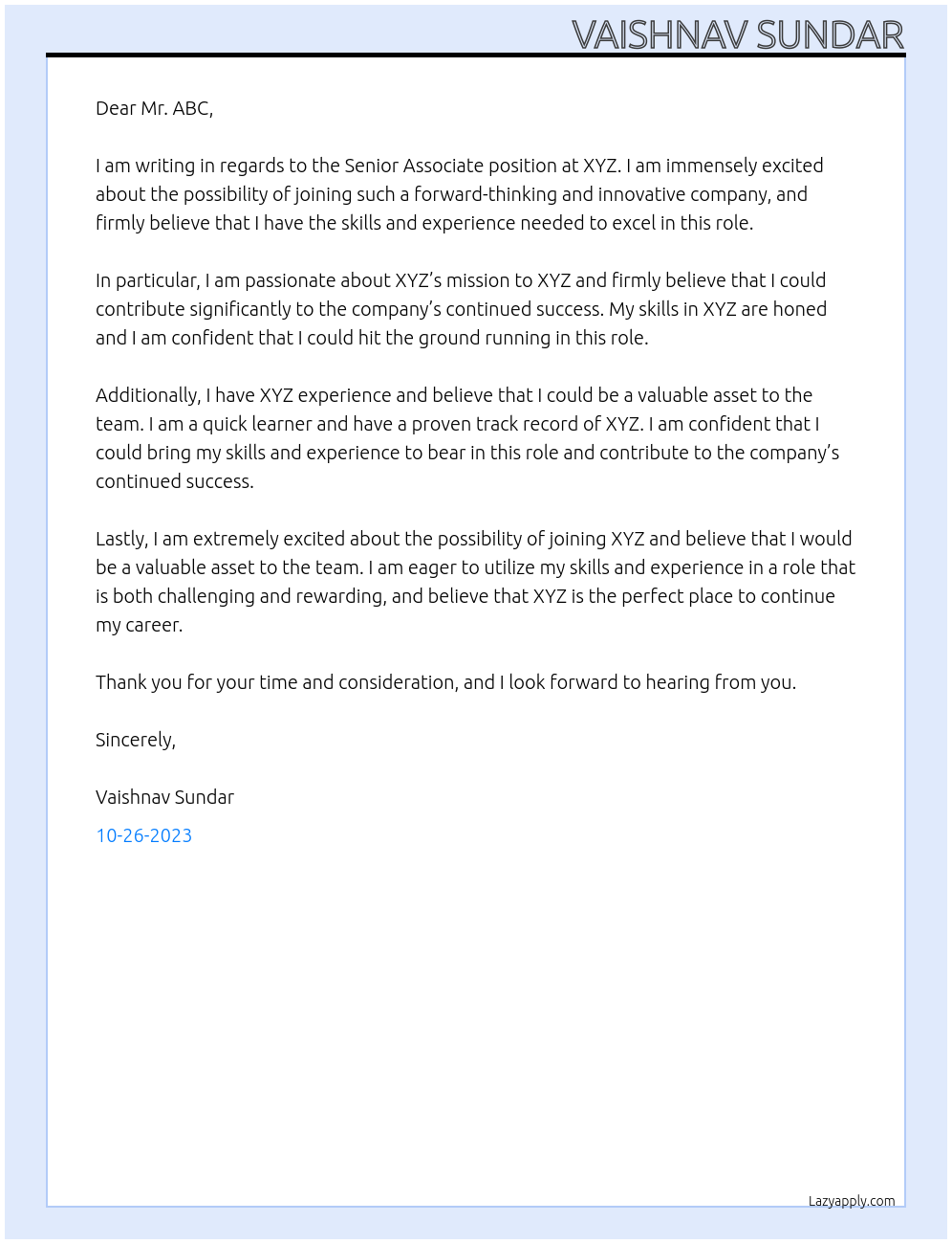Senior Associate At XYZ Cover Letter